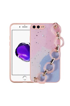 Apple iPhone 7 Plus Uyumlu Kılıf Simli Desenli El Askılı Tutacaklı Elsa Silikon Kapak Pembe
