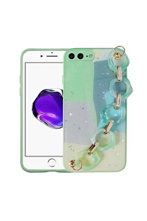 Apple iPhone 7 Plus Uyumlu Kılıf Simli Desenli El Askılı Tutacaklı Elsa Silikon Kapak Yeşil