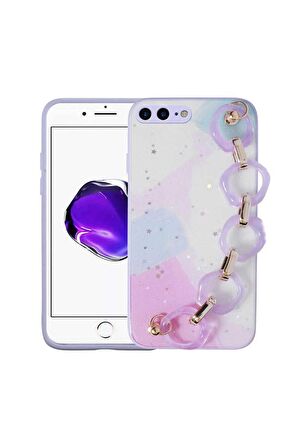 Apple iPhone 7 Plus Uyumlu Kılıf Simli Desenli El Askılı Tutacaklı Elsa Silikon Kapak Lila