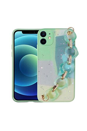 Apple iPhone 11 Uyumlu Kılıf Simli Desenli El Askılı Tutacaklı Elsa Silikon Kapak Yeşil