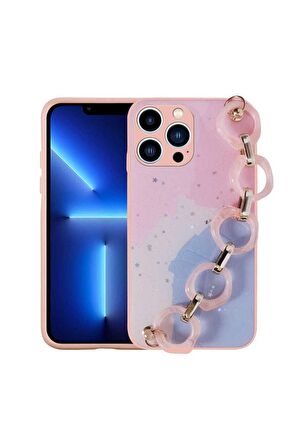 Apple iPhone 12 Pro Uyumlu Kılıf Simli Desenli El Askılı Tutacaklı Elsa Silikon Kapak Pembe