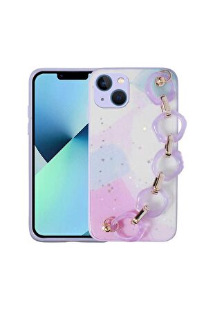 Apple iPhone 13 Uyumlu Kılıf Simli Desenli El Askılı Tutacaklı Elsa Silikon Kapak Lila