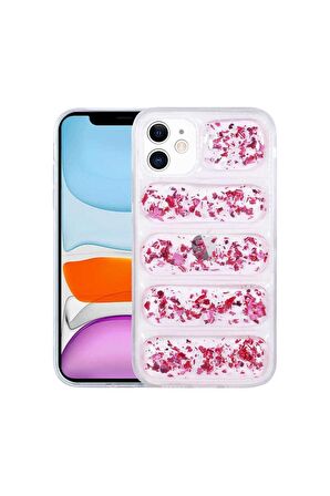 Apple iPhone 11 Uyumlu Kılıf Kamera Korumalı Simli Airbag'li Dalga Kapak Pembe Koyu