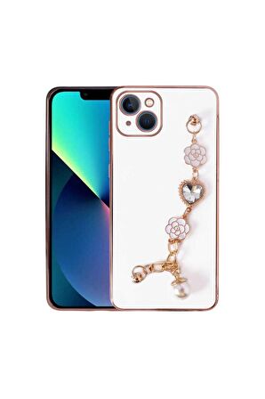 Apple iPhone 13 Uyumlu Kılıf El Tutamaçlı Kamera Korumalı Taka Silikon Kapak Beyaz