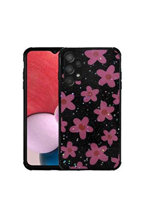 Samsung Galaxy A13 4G Uyumlu Kılıf Simli Desenli Kamera Korumalı Parlak Popy Kapak Çiçek