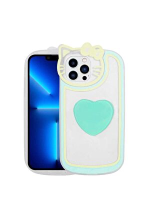 Apple iPhone 13 Pro Uyumlu Kılıf Kedi Figürlü Transparan Pop Soketli Ritmik Kapak Turkuaz