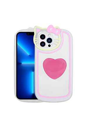 Apple iPhone 13 Pro Uyumlu Kılıf Kedi Figürlü Transparan Pop Soketli Ritmik Kapak Pembe Koyu