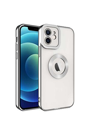 Apple iPhone 12 Uyumlu Kılıf Kamera Korumalı Logo Gösteren Omega Kapak Gümüş