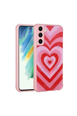 Samsung Galaxy S21 FE Uyumlu Kılıf Simli Desenli Kamera Korumalı Parlak Popy Kapak Kalp