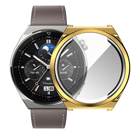 Huawei Watch GT 3 Pro 46 Mm Kasa Koruyucu Silikon Darbe Emici Koruma Silikon Ekran Koruyucu Gard 02 Gold