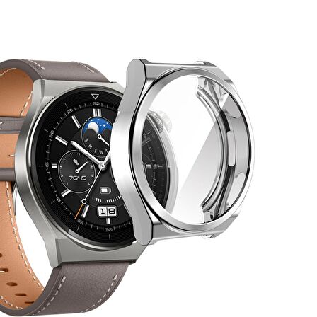 Huawei Watch GT 3 Pro 46 Mm Kasa Koruyucu Silikon Darbe Emici Koruma Silikon Ekran Koruyucu Gard 02 Gümüş