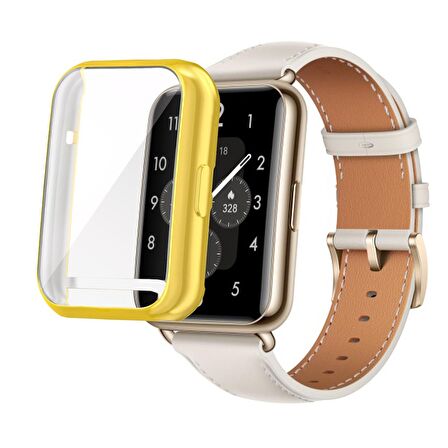 Huawei Watch Fit 2 Uyumlu Kasa Koruyucu Silikon Darbe Emici Tam Koruma Silikon Ekran Koruyucu Gard02 Gold