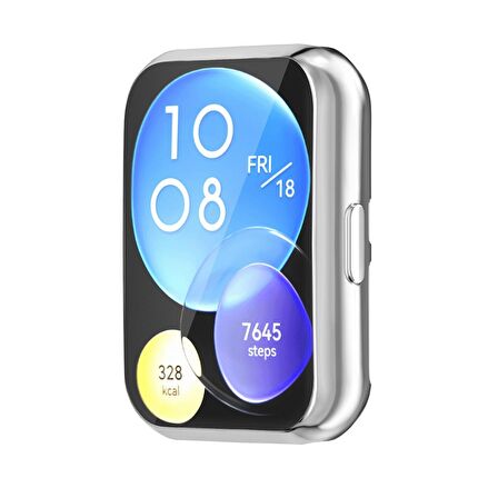 Huawei Watch Fit 2 Uyumlu Kasa Koruyucu Silikon Darbe Emici Tam Koruma Silikon Ekran Koruyucu Gard02 Gümüş