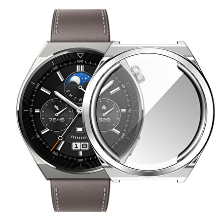 Huawei Watch GT 3 Pro 43 Mm Kasa Koruyucu Silikon Darbe Emici Koruma Silikon Ekran Koruyucu Gard 02 Gümüş
