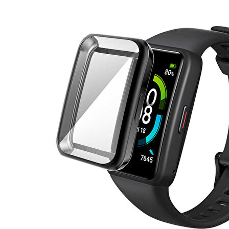 Huawei Band 6 Uyumlu Kasa Koruyucu Silikon Darbe Emici Tam Koruma Silikon Koruyucu Gard 09 Siyah