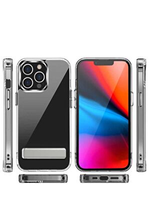 Apple iPhone 14 Pro Uyumlu Kılıf Standlı Şeffaf Silikon L-Stand Kapak