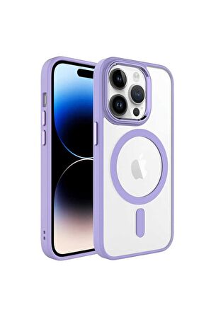 Apple iPhone 14 Pro Max Uyumlu Kılıf Wireless Şarj Özellikli Krom Magsafe Silikon Kapak Lila