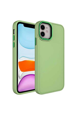 Apple iPhone 11 Uyumlu Kılıf Metal Çerçeve ve Buton Tasarımlı Silikon Luna Kapak Yeşil