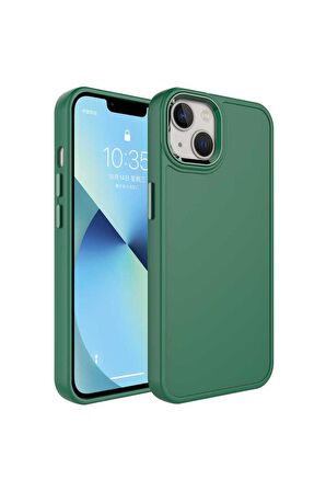 Apple iPhone 13 Uyumlu Kılıf Metal Çerçeve ve Buton Tasarımlı Sert Botox Kapak Koyu Yeşil