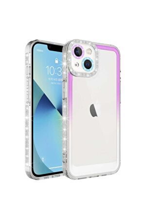 Apple iPhone 13 Uyumlu Kılıf Simli ve Renk Geçiş Tasarımlı Lens Korumalı Park Kapak Mor-Beyaz