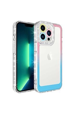 Apple iPhone 13 Pro Uyumlu Kılıf Simli ve Renk Geçiş Tasarımlı Lens Korumalı Park Kapak Pembe-Mavi