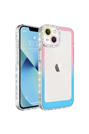 Apple iPhone 14 Uyumlu Kılıf Simli ve Renk Geçiş Tasarımlı Lens Korumalı Park Kapak Pembe-Mavi