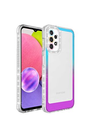 Samsung Galaxy A23 Uyumlu Kılıf Simli ve Renk Geçiş Tasarımlı Lens Korumalı Park Kapak Mavi-Mor