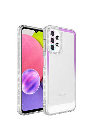 Samsung Galaxy A33 5G Uyumlu Kılıf Simli ve Renk Geçiş Tasarımlı Lens Korumalı Park Kapak Mor-Beyaz