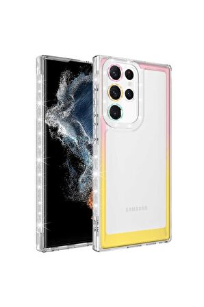 Samsung Galaxy S22 Ultra Uyumlu Kılıf Simli ve Renk Geçiş Tasarımlı Lens Korumalı Park Kapak Pembe-Sarı