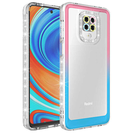 Xiaomi Redmi Note 9 Pro Uyumlu Kılıf Simli ve Renk Geçiş Tasarımlı Lens Korumalı Park Kapak Pembe-Mavi