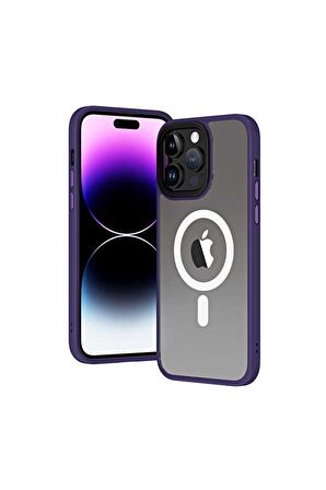 Apple iPhone 14 Pro Max Uyumlu  Kılıf Wireless Şarj Özellikli Hibrit Magsafe Kapak Derin Mor