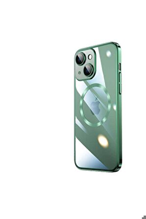 Apple iPhone 14 Uyumlu Kılıf Wireless Şarj Özellikli Sert PC Riksos Magsafe Kapak Koyu Yeşil