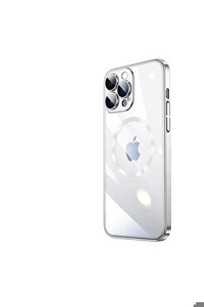 Apple iPhone 13 Pro Uyumlu Kılıf Wireless Şarj Özellikli Sert PC Riksos Magsafe Kapak Gümüş