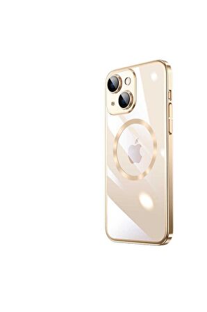 Apple iPhone 13 Uyumlu Kılıf Wireless Şarj Özellikli Sert PC Riksos Magsafe Kapak Gold