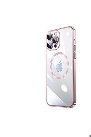 Apple iPhone 13 Pro Max Uyumlu Kılıf Wireless Şarj Özellikli Sert PC Riksos Magsafe Kapak Rose Gold