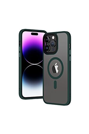 Apple iPhone 13 Pro Uyumlu Kılıf Wireless Şarj Özellikli Hibrit Magsafe Kapak Koyu Yeşil