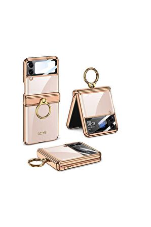 Samsung Galaxy Z Flip 4 Uyumlu Kılıf Kıpta Yüzüklü Lens Korumalı Kapak Gold