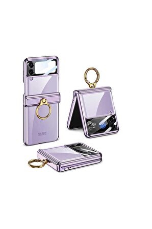 Samsung Galaxy Z Flip 4 Uyumlu Kılıf Kıpta Yüzüklü Lens Korumalı Kapak Lila