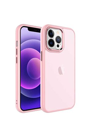 Apple iPhone 13 Pro Max Uyumlu Kılıf Buzlu Sert PC May Kapak Pembe Açık