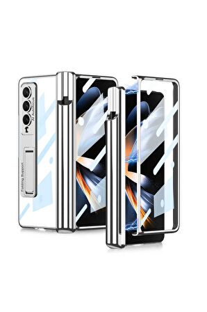 Samsung Galaxy Z Fold 4 Uyumlu Kılıf Kıpta Standlı Kalem Bölmeli Kapak Gümüş