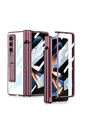 Samsung Galaxy Z Fold 4 Uyumlu Kılıf Kıpta Standlı Kalem Bölmeli Kapak Mürdüm
