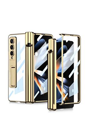 Samsung Galaxy Z Fold 4 Uyumlu Kılıf Kıpta Standlı Kalem Bölmeli Kapak Gold
