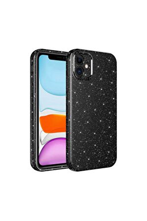 Apple iPhone 12 Uyumlu Kılıf Kamera Korumalı Simli Lüks Koton Kapak Siyah