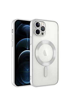 Apple iPhone 12 Pro Max Uyumlu Kılıf Kamera Korumalı Magsafe Wireless Şarj Özellikli Demre Kapak Gümüş
