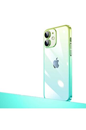 Apple iPhone 12 Uyumlu Kılıf Parlak Renk Geçişli Kamera Korumalı Senkron Kapak Yeşil-Mavi