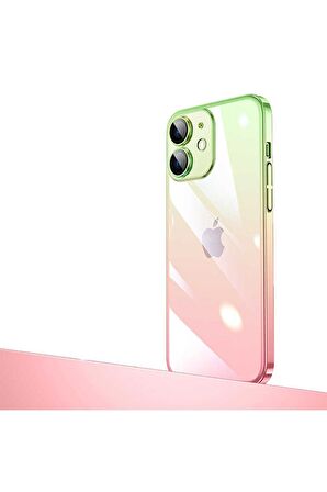 Apple iPhone 12 Uyumlu Kılıf Parlak Renk Geçişli Kamera Korumalı Senkron Kapak Pembe-Yeşil