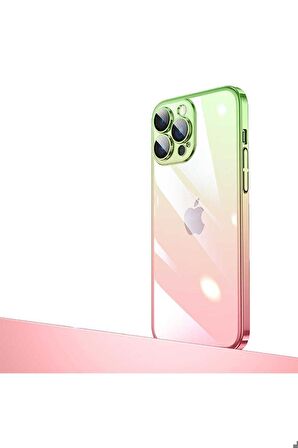 Apple iPhone 14 Pro Uyumlu Kılıf Parlak Renk Geçişli Kamera Korumalı Senkron Kapak Pembe-Yeşil