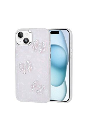 Apple iPhone 15 Uyumlu Kılıf Kabartma Figürlü Parlak Eralli Silikon Kapak Kelebek