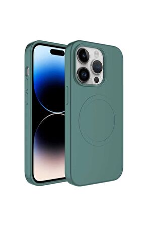 Apple iPhone 14 Pro Max Uyumlu Kılıf Magsafe Wireless Şarj Özellikli Pastel Renk Silikon Plas Kapak Koyu Yeşil