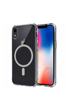 Apple iPhone XR Uyumlu Kılıf Magsafe Şarj Özellikli Şeffaf Sert PC Embos Kapak
